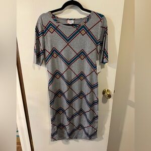 NWT LuLaRoe Julia Gray with Blue and Red Striped Pattern Size Large